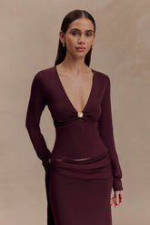 Miraby Front Ruched Knit Long Sleeve Top - Dark Chocolate