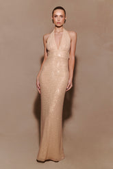 Harriet Halter Neck Diamante Maxi Dress - Sandy Gold