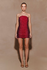 Zander Hand Beaded Strapless Mini Dress - Red Ombre
