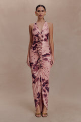 Alessandra Slinky Ruffle Maxi Dress - Pink Blurred Floral Print