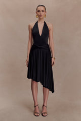 Zelda Asymmetric Slinky Midi Dress - Black