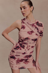 Adrienne One Shoulder Mesh Mini Dress - Nude Blurred Floral Print