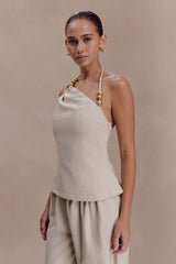 Gabby Asymmetrical Neckline Linen Beaded Top - Natural