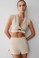 Anahita Linen Front Bows Short Sleeve Top - Natural