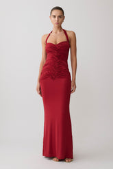 Hoai Gathered Slinky Halter Maxi Dress - Deep Red