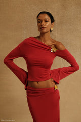 Ainsley Asymmetrical Long Sleeve Top With Floral Hardware - Fuchsia Pink