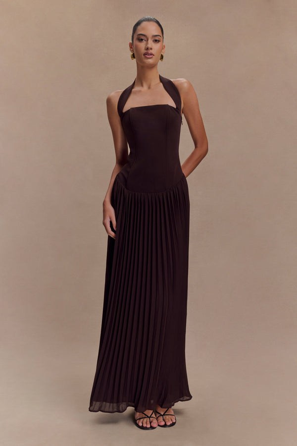 Stacie Pleated Halter Maxi Dress - Cacao