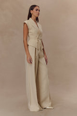Raya Mid Rise Wide Leg Linen Pant - Natural Beige