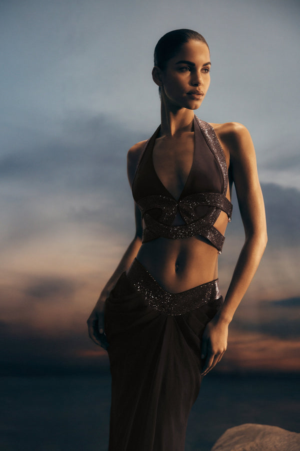Siren Satin And Diamante Halter Top - Dark Chocolate