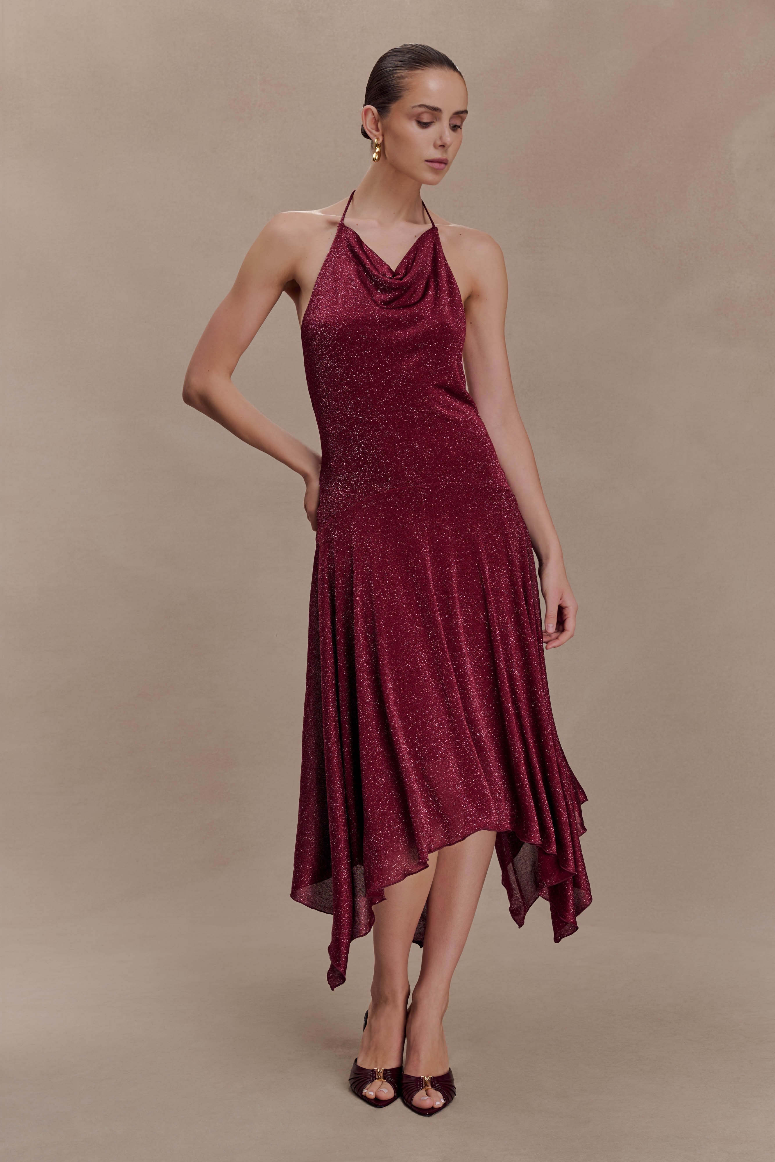 Sylvie Lurex Hankie Midi Dress - Wine
