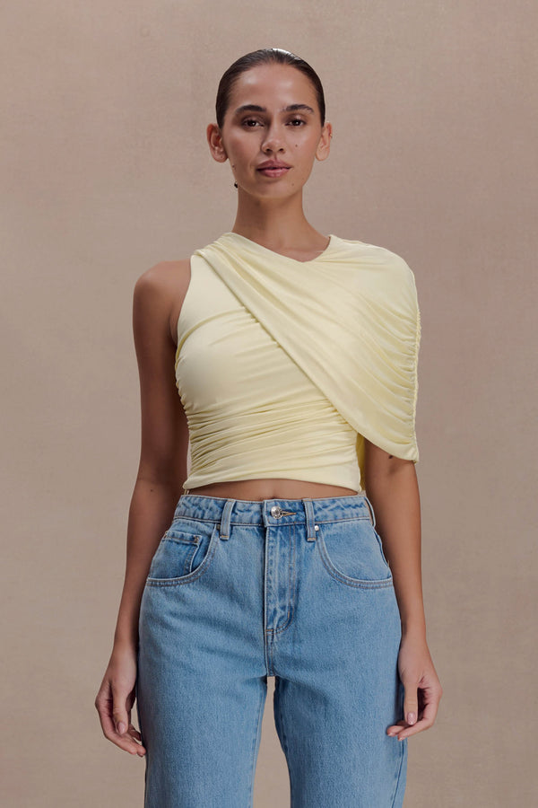 Adrienne One Shoulder Slinky Top - Lemon